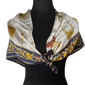 Talbots Silk Scarf Cream Blue Gold Baroque Design Accent Table Print Square